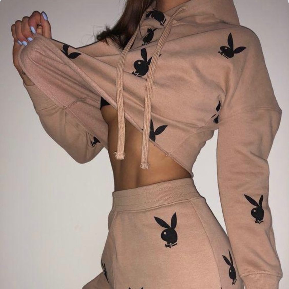 Playboy x Missguided Brown and Black Bunny Crop Hoodie